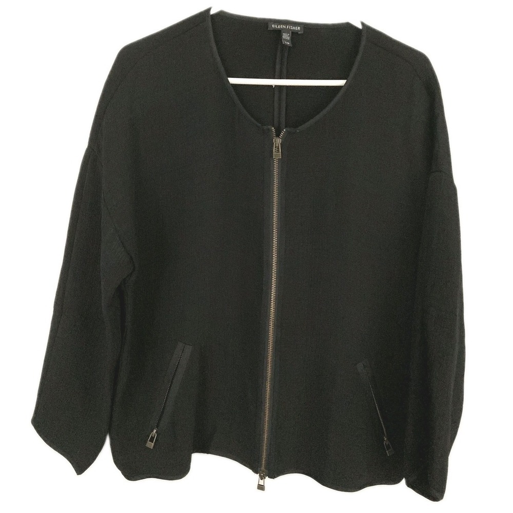 Eileen Fisher Jacket Women L Black Silk/Rayon Zip Front Pockets Collarless EUC
